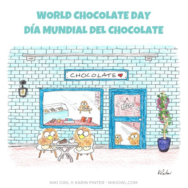 World Chocolate Day, Niki Owl cartoon © Karin Pinter